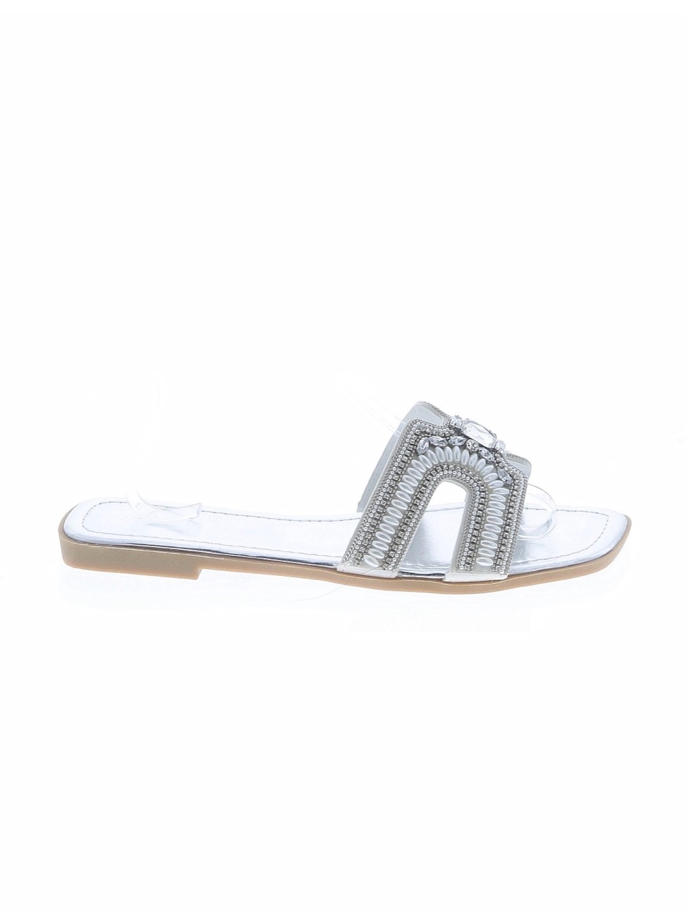 Silver Beaded Slide Sandals - Women's